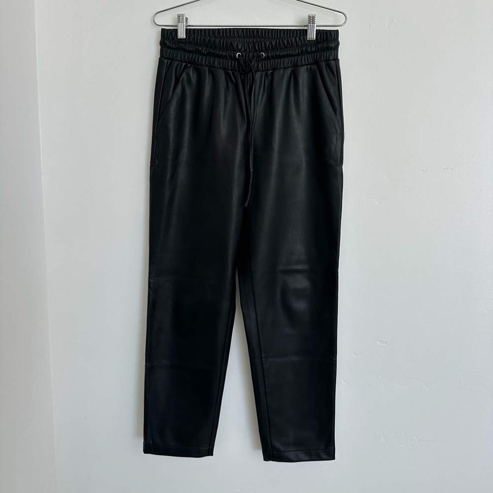 Women’s vegan Leather black tie waist Joggers
